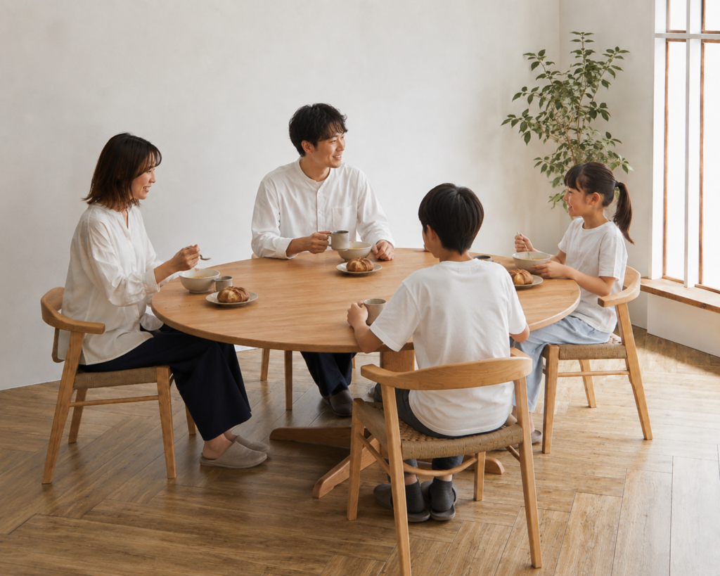 家族で囲みやすい無垢材の丸ダイニングテーブル